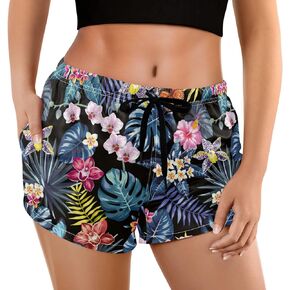 Naanle Women's Beach Shorts with Pockets Hawaii Flowers Swim Trunks Board Shorts Swim Shorts Quick Dry Swimwear