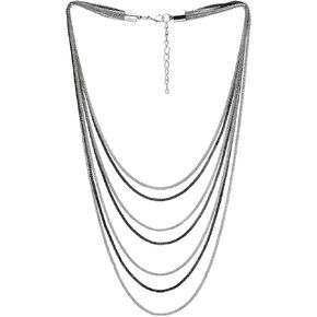 COOLSTEELANDBEYOND Silver Black Collar Statement Necklace Waterfall Multi-Strand Snake Chains Pendant, Minimalist