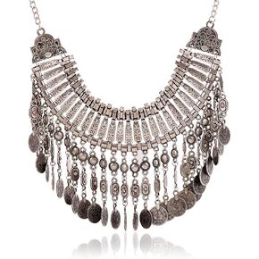 LUREME Boho Coin Statement Necklace for Women, Collar Choker Long Tassel Ethnic Gypsy Chunky Necklace (nl006294)