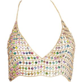 Sexy Women's Gold Body Chain Bikini Jewelry Chest Chain Acrylic Diamond Bra Top