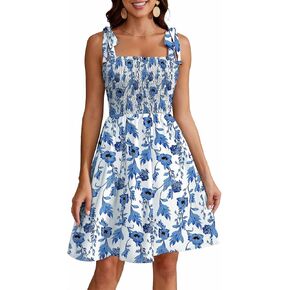 Women's Summer Boho Dress Floral Print Spaghetti Strap Square Neck Casual Flowy Mini Dress Beach Sundress in Kuwait