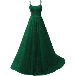 CWOAPO Spaghetti Straps Long Prom Dresses for Teens 2024 Lace Appliques Tulle Ball Gown Prom Dress with Pockets Wedding