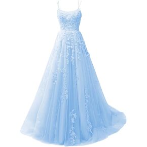 CWOAPO Spaghetti Straps Long Prom Dresses for Teens 2024 Lace Appliques Tulle Ball Gown Prom Dress with Pockets Wedding
