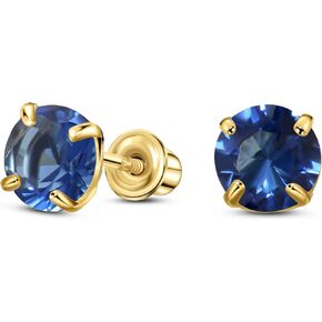 Solid 14K Gold Round Solitaire Simulated-Birthstone Minimalist Stud Earring with Comfort Screw Backing