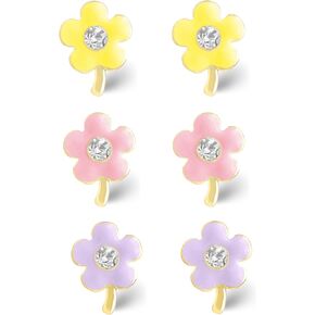 Yellow Gold Plated Sterling Silver Enamel CZ Stud Earrings for Girls - Assorted Designs, 1-Pair and 3-Pair Pack Sets Available