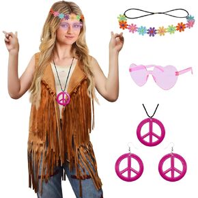 6 Pcs 60s 70s Outfits for Women Hippie Costume Set Tassel Boho Vest Peace Sign Earring Fringe Vest Tassel Cardigan