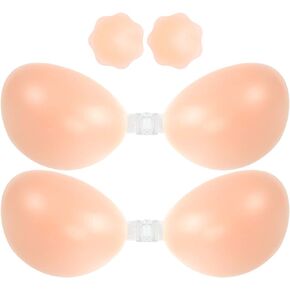 Women's Stick on Silicone Bra Self Adhesive Strapless Invisible Push up Bra with Nipple Covers for Women Strapless Dress (B-Cup，Pink)