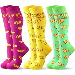 3 Pair Love Heart Softball Socks for Youth Women Knee High Youth Sport Socks Girls' Athletic Socks