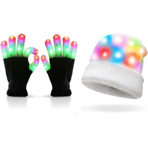 Luwint Adults LED Gloves&Glow Beanie Hat - Light Up Glowing Rave Cool Toys Colorful Flashing Finger Lighting Gloves, Teen & Adult (with Extra Batteries)