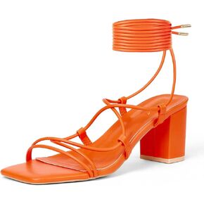 GENSHUO Women Strappy Chunky Heels Sandals Square Open Toe Lace Up Heel 2.36 inch Ankle Strap Block High Heeled Sandals