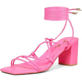 GENSHUO Women Strappy Chunky Heels Sandals Square Open Toe Lace Up Heel 2.36 inch Ankle Strap Block High Heeled Sandals