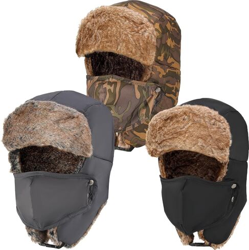 Panitay 3 Pcs Trooper Trapper Hat with Mask Ear Flaps Windproof Winter Trapper Hats Warm Ski Winter Hats for Women Men Russian Fur Hat with Strap Hunting Hat, 21.7''-23.6'' in Saudi Arabia