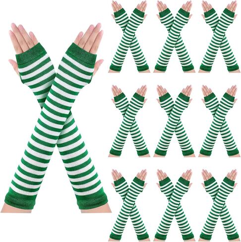 Vabean 10 Pairs St. Patrick's Day Arm Warmers Green and White Striped Fingerless Gloves Knit Long Gloves Women Men Stretchy Arm Warmers for St. Patrick Day Irish Costume Party Accessory in Kuwait