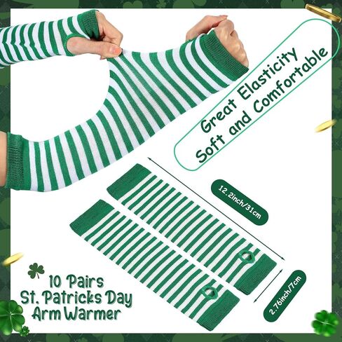 Vabean 10 Pairs St. Patrick's Day Arm Warmers Green and White Striped Fingerless Gloves Knit Long Gloves Women Men Stretchy Arm Warmers for St. Patrick Day Irish Costume Party Accessory in Kuwait