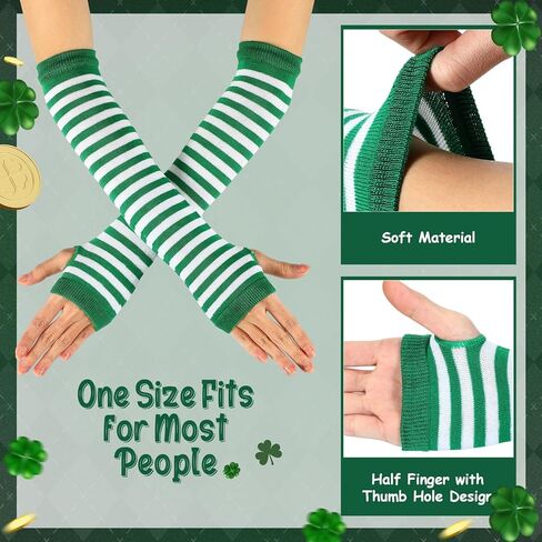 Vabean 10 Pairs St. Patrick's Day Arm Warmers Green and White Striped Fingerless Gloves Knit Long Gloves Women Men Stretchy Arm Warmers for St. Patrick Day Irish Costume Party Accessory in Kuwait