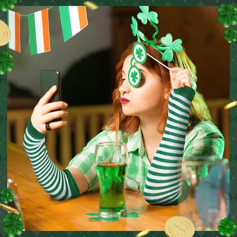 Vabean 10 Pairs St. Patrick's Day Arm Warmers Green and White Striped Fingerless Gloves Knit Long Gloves Women Men Stretchy Arm Warmers for St. Patrick Day Irish Costume Party Accessory in Kuwait