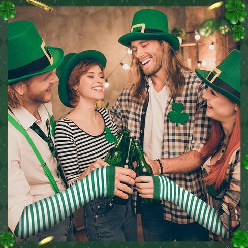 Vabean 10 Pairs St. Patrick's Day Arm Warmers Green and White Striped Fingerless Gloves Knit Long Gloves Women Men Stretchy Arm Warmers for St. Patrick Day Irish Costume Party Accessory in Kuwait