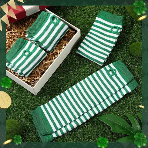 Vabean 10 Pairs St. Patrick's Day Arm Warmers Green and White Striped Fingerless Gloves Knit Long Gloves Women Men Stretchy Arm Warmers for St. Patrick Day Irish Costume Party Accessory in Kuwait
