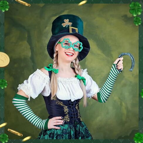 Vabean 10 Pairs St. Patrick's Day Arm Warmers Green and White Striped Fingerless Gloves Knit Long Gloves Women Men Stretchy Arm Warmers for St. Patrick Day Irish Costume Party Accessory in Kuwait