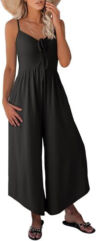 بدلة قفز نسائية من Dokotoo بأشرطة سباغيتي ورباط مكشكش وساق واسعة رومبير كاجوال مع جيوب in Kuwait