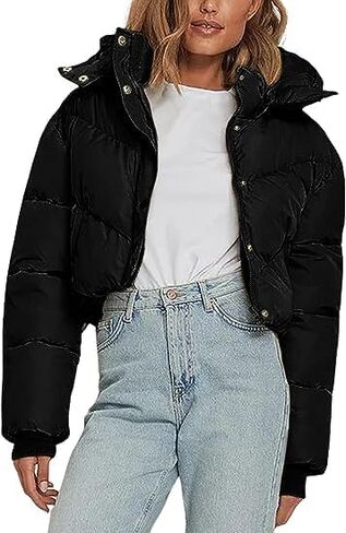 سترة نسائية منتفخة مقصوصة شتوية بغطاء للرأس قابلة للإزالة وسحاب ومعاطف مبطنة مع جيوب in Kuwait