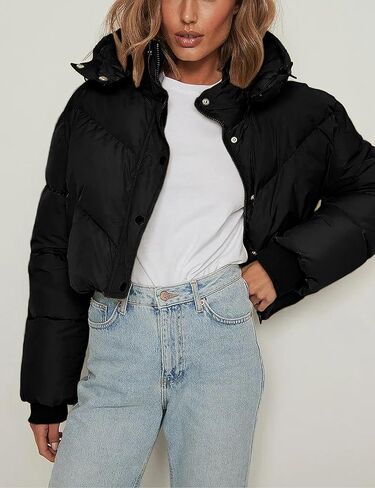 سترة نسائية منتفخة مقصوصة شتوية بغطاء للرأس قابلة للإزالة وسحاب ومعاطف مبطنة مع جيوب in Kuwait