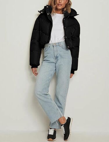 سترة نسائية منتفخة مقصوصة شتوية بغطاء للرأس قابلة للإزالة وسحاب ومعاطف مبطنة مع جيوب in Kuwait