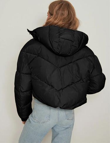 سترة نسائية منتفخة مقصوصة شتوية بغطاء للرأس قابلة للإزالة وسحاب ومعاطف مبطنة مع جيوب in Kuwait