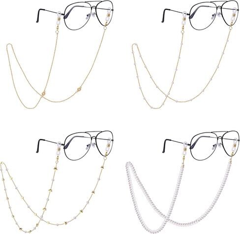 JeryWe 4 قطع سلاسل النظارات مطلية بالذهب عيار 18 قيراط للنساء مجموعة سلاسل النظارات اللؤلؤية in Kuwait