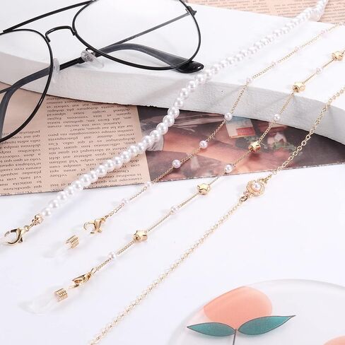 JeryWe 4 قطع سلاسل النظارات مطلية بالذهب عيار 18 قيراط للنساء مجموعة سلاسل النظارات اللؤلؤية in Kuwait