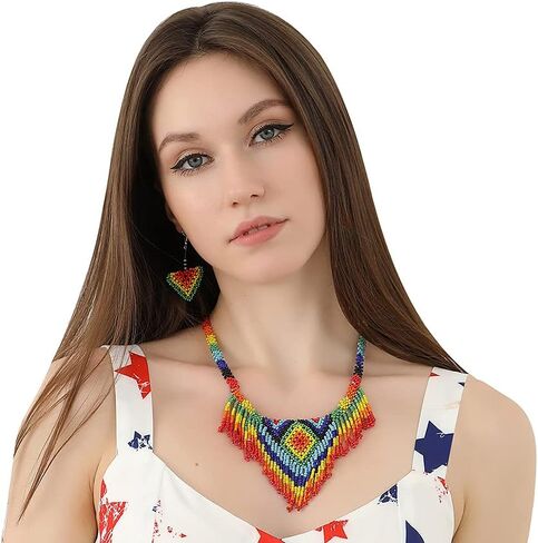 البوهيمي بيان قلادة اليدوية | الخرز شال الزولو قلادة وبوهو | القلائد القبلية للنساء | مجوهرات الزفاف الفاخرة على الطراز العرقي قلادة شخصية مبالغ فيها منسوجة يدويًا… in Kuwait