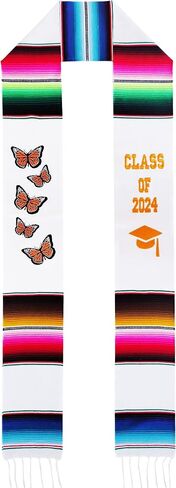White Authentic Mexican Graduation Stole Class of 2024 Hispanic Stole Graduation Serape Sash Scarf, Class of 2024 with Butterflies Mariposas in Saudi Arabia