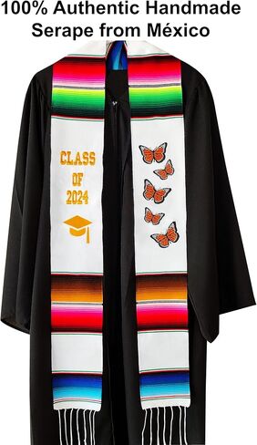 White Authentic Mexican Graduation Stole Class of 2024 Hispanic Stole Graduation Serape Sash Scarf, Class of 2024 with Butterflies Mariposas in Saudi Arabia