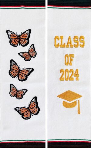 White Authentic Mexican Graduation Stole Class of 2024 Hispanic Stole Graduation Serape Sash Scarf, Class of 2024 with Butterflies Mariposas in Saudi Arabia