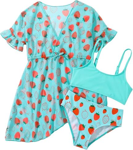 OYOANGLE Girl's 3 Piece Print Swimsuit Bikini Swimsuit with Drawstring Waist Kimono Cover Up in Saudi Arabia