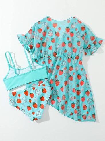 OYOANGLE Girl's 3 Piece Print Swimsuit Bikini Swimsuit with Drawstring Waist Kimono Cover Up in Saudi Arabia