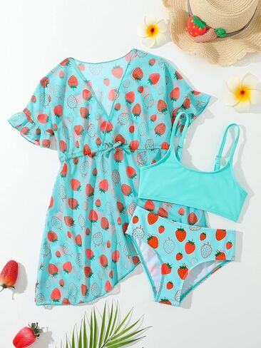 OYOANGLE Girl's 3 Piece Print Swimsuit Bikini Swimsuit with Drawstring Waist Kimono Cover Up in Saudi Arabia