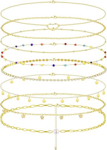 Finrezio 8PCS Gold Plated Waist Chains for Women Body Chains Beach Bikini Belly Chain Jewelry Summer Body Jewelry Adjustable in Kuwait