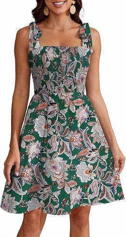 Women's Summer Boho Dress Floral Print Spaghetti Strap Square Neck Casual Flowy Mini Dress Beach Sundress in Saudi Arabia