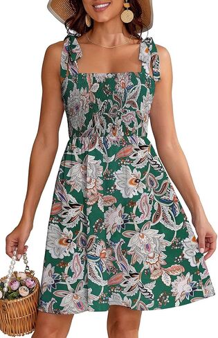 Women's Summer Boho Dress Floral Print Spaghetti Strap Square Neck Casual Flowy Mini Dress Beach Sundress in Saudi Arabia