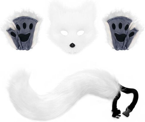HAOAN Furry Fox Mask Wolf Fox Tail and Paw Gloves Set Adult Cat Halloween Mask Cosplay Animal Party Costume in Saudi Arabia