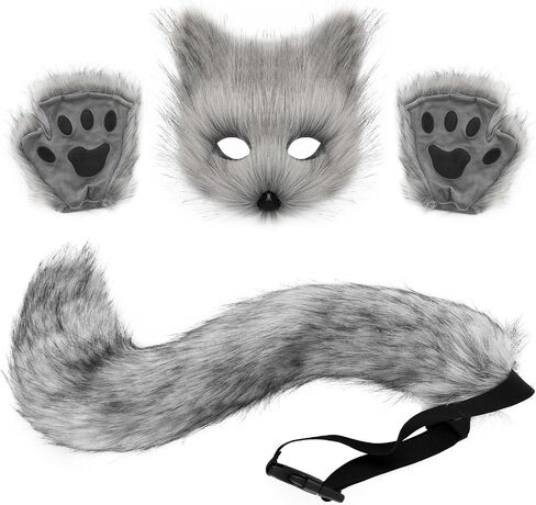 HAOAN Furry Fox Mask Wolf Fox Tail and Paw Gloves Set Adult Cat Halloween Mask Cosplay Animal Party Costume in Saudi Arabia