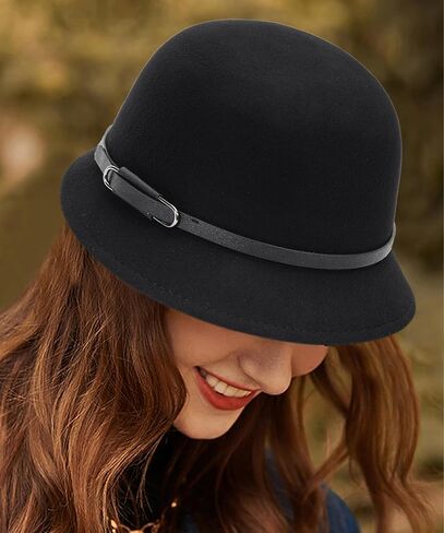 قبعة شتوية كلاسيكية من عشرينيات القرن الماضي للسيدات - قبعة فيدورا من الصوف الدافئ - قبعة الكنيسة - قبعة بولر مع شريط حزام in Kuwait
