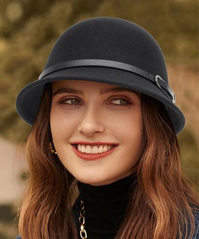 قبعة شتوية كلاسيكية من عشرينيات القرن الماضي للسيدات - قبعة فيدورا من الصوف الدافئ - قبعة الكنيسة - قبعة بولر مع شريط حزام in Kuwait