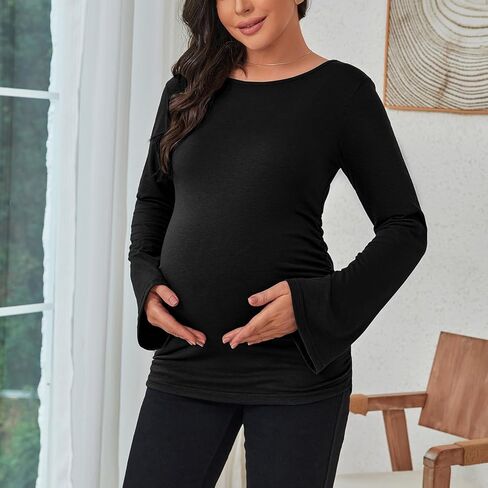 Maternity Shirt Long Sleeve Bell Sleeve Maternity Top for Pregnant Women Crewneck Pregnancy Clothes in Kuwait