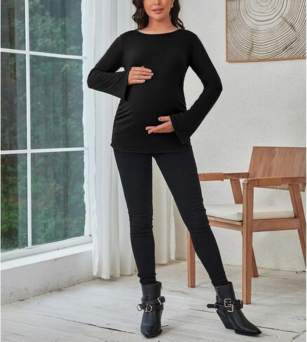 Maternity Shirt Long Sleeve Bell Sleeve Maternity Top for Pregnant Women Crewneck Pregnancy Clothes in Kuwait