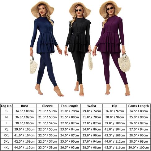 Muslim Swimsuits for Women Long Sleeve Built-in Bra Swimming Tops + Swimming Pants + Hijab Burkini Full Cover Swimwear in Saudi Arabia
