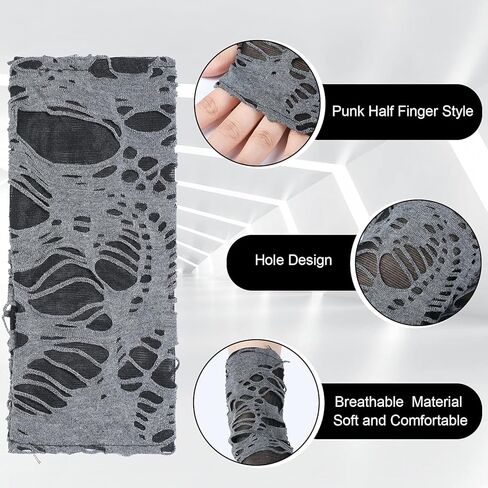 زوجان من قفازات الهالوين الممزقة، قفازات جوث جرونج سوداء بدون اصابع، قفازات لتدفئة الذراع، قفازات لحفلات الهالوين التنكرية (اسود، رمادي)، اسود، رمادي، M in Kuwait