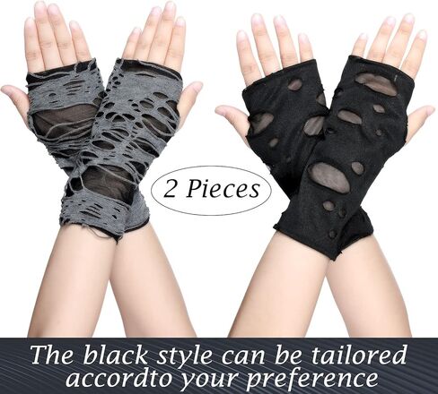 زوجان من قفازات الهالوين الممزقة، قفازات جوث جرونج سوداء بدون اصابع، قفازات لتدفئة الذراع، قفازات لحفلات الهالوين التنكرية (اسود، رمادي)، اسود، رمادي، M in Kuwait