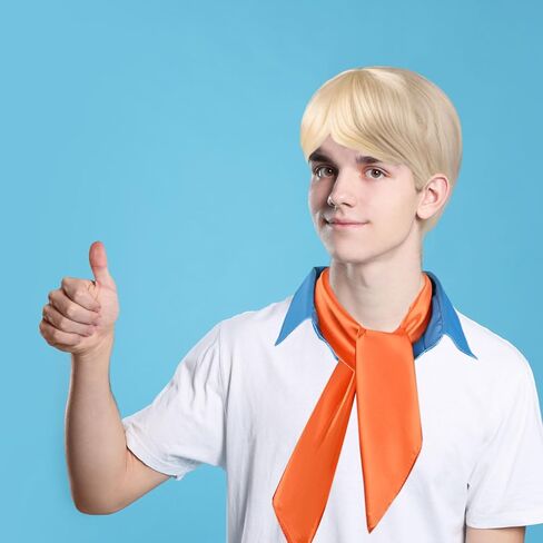 3 PCS Halloween Cosplay Costume Accessories Include Wig Orange Satin Square Scarf and Fake Blue Collar for Men Classic Characters Dress Up in Kuwait